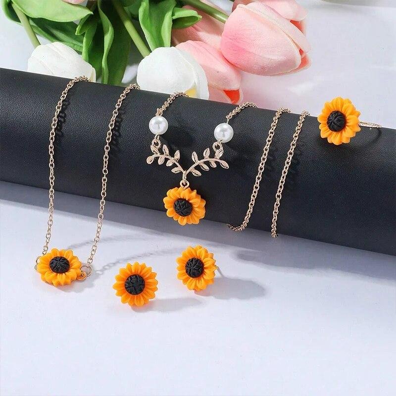 Obega 4 PCS Sunflower Penant Neckalce Bracelet RIng Earrings Jewelry Set Gold Tiny Chain Trendy Fahion Woman Vacation Jewelry