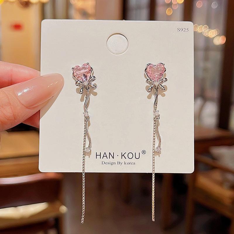 Sweet Pink Zircon Heart Earrings with S925 Silver Needle and Long Tassel Bow Design