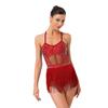 Dames Latijns Dansjurk Transparant Mesh Patchwork Strass Gelaagde Kwastjes Franje Eendelig Bodysuit