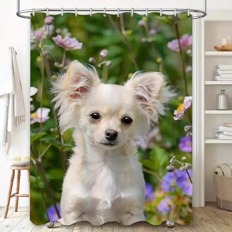 3D Printed Shower Curtain with Flower Pattern for Bathroom Decor White Pomeranian Dog Print Water-resistant Fabric Shower Curtai