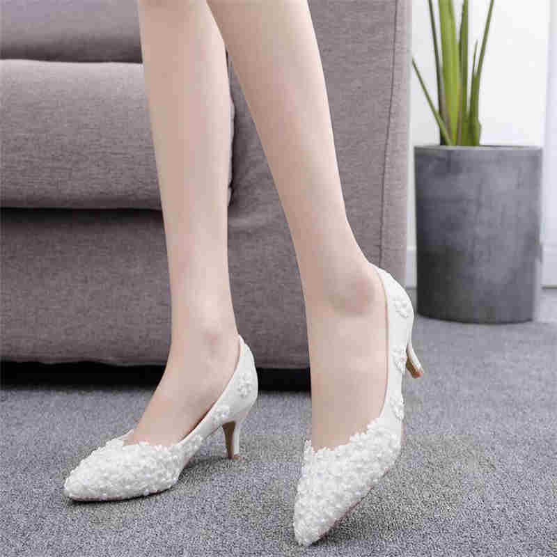 White High Heels Pointed Stiletto Women's Pumps Rhinestone Lace Women's Shoes Dress Banquet Shoes Bridal Wedding Shoes 34-43