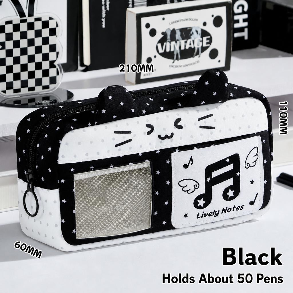 Cute Ear Large Capacity Pencil Case Transparent Window Badge Photocard Storage Bag Multi Compartment Stationery Pouch