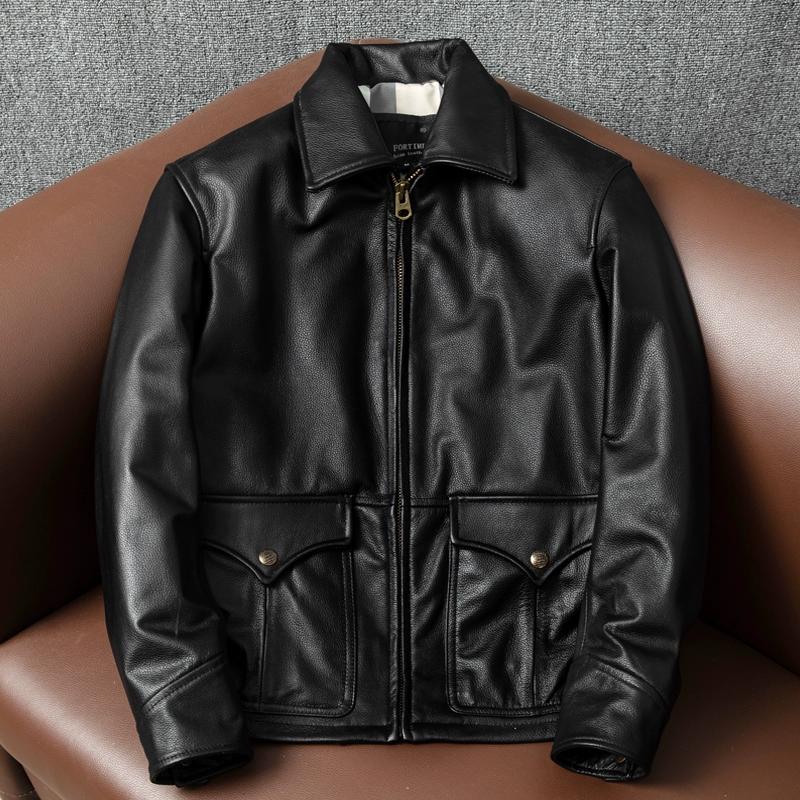 Genuine Leather Jacket Men Slim Fit Cowhide Biker Coat Stylish Lapel Spring Autumn Outerwear