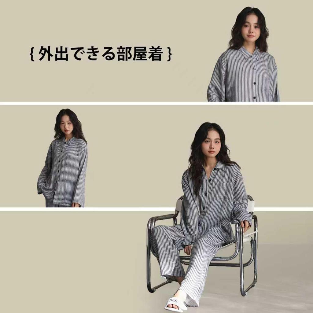 PeiYA Long Sleeve Double Gauze Cotton Front Loose Fitted Top and Bottom Set Women's 100% Pajamas, Open-Collar Opening,