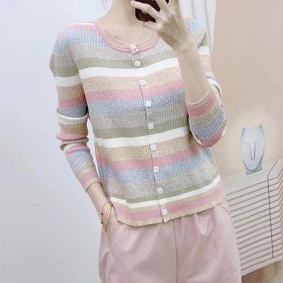 Early Autumn New Hanpai Fashion Casual Striped Stretch Open Button Long Sleeve Knitwear