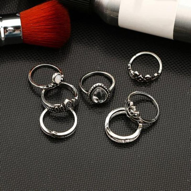 7 Pcs Vintage Women Hollow Carving Lotus Flower Waterdrop Knuckle Midi Rings Set