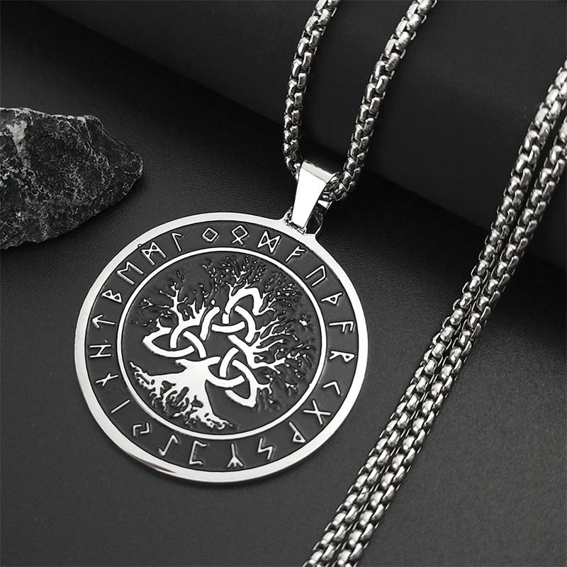Odin Norse Amulet Rune Trinity Knot Necklace Stainless Steel Wicca Tree of Life Necklaces Jewelry Nudo De Bruja Collar