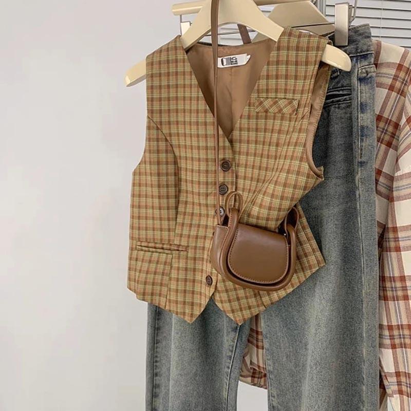 Plaid Vest for Women Cotton Sleeveless Tops Vest Oversize Casual Sleeveless Coat Buttons V-neck Camisole Vest