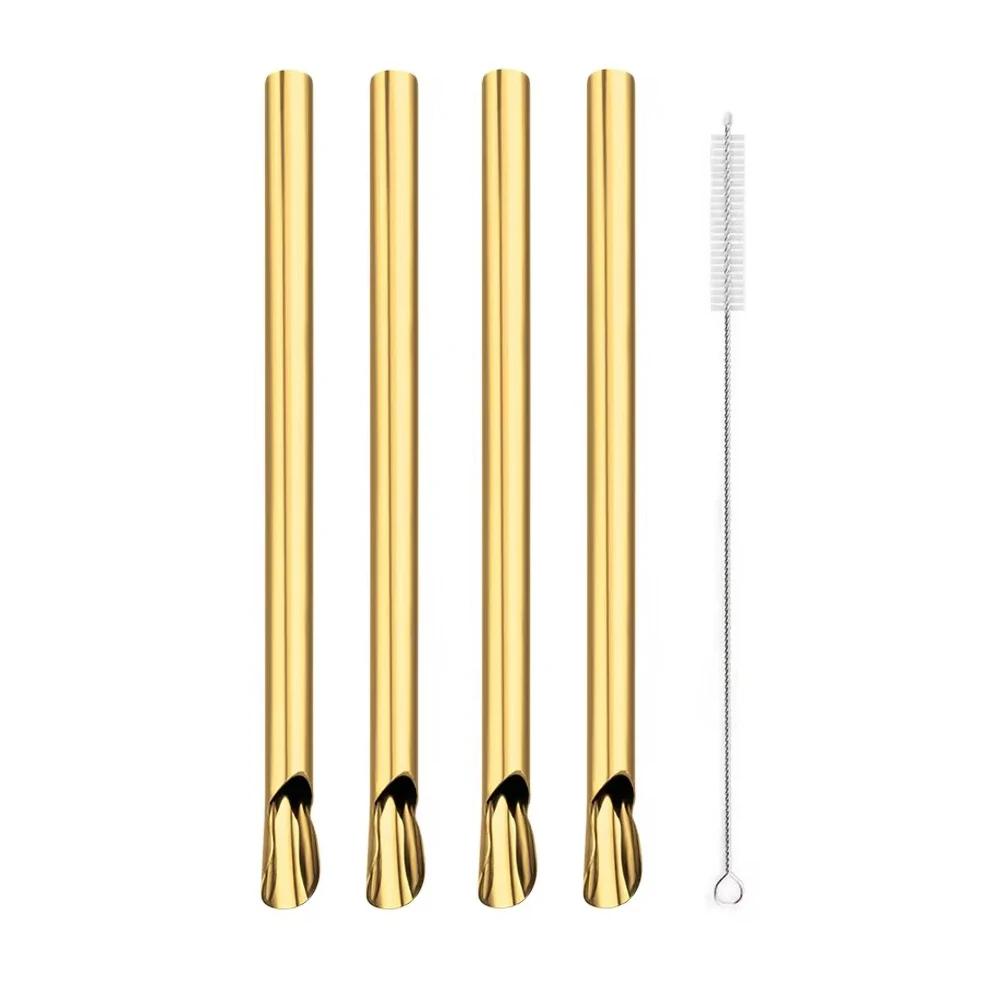 4Pcs Reusable Straw Spoon Stainless Steel Stirring Spoon Durability Drinking Straw with Brush Set Bar Creative Colorful Straw
