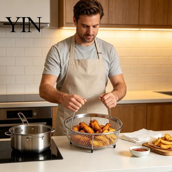 Portable Deep Frying Basket Stainless Steel Basket, with Handle, Heat Resistant Mesh Strainer, Durable Compact Folding Fryer Multi Use Tool,