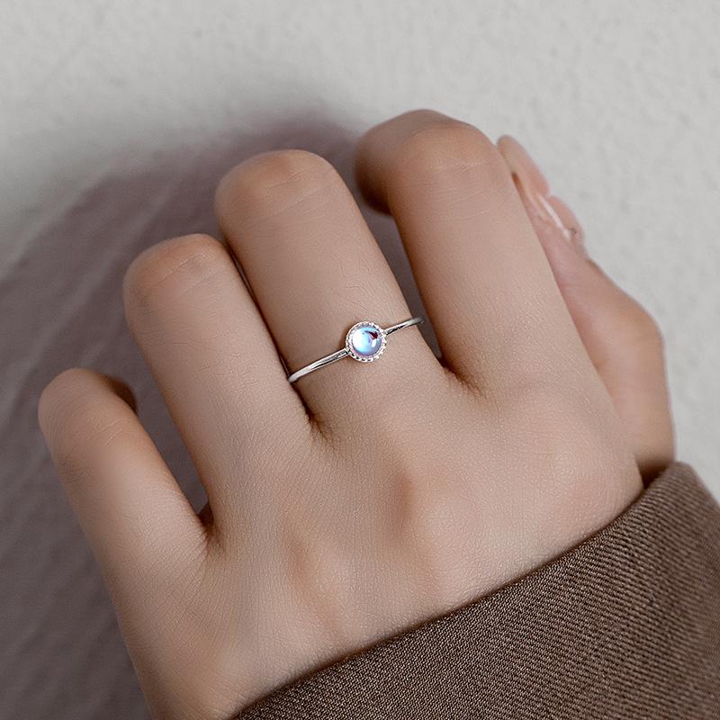 Banyan Tree S925 Silver Adjustable Moonstone Ring for Women – Colorful, Minimalist Design with Thin Round Beads