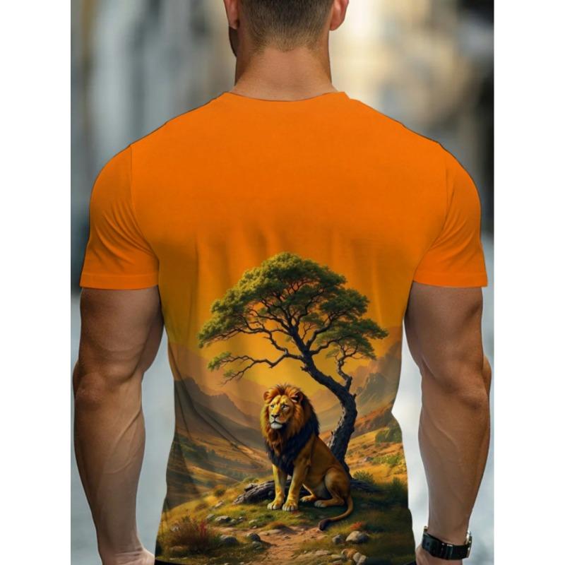Men s African Lion Savanna 3D Printed T-Shirt Sunset Tree Wildlife Landscape Graphic Tee Casual Short Sleeve Crewneck Top Summer Hiking Apparel S разноцветный