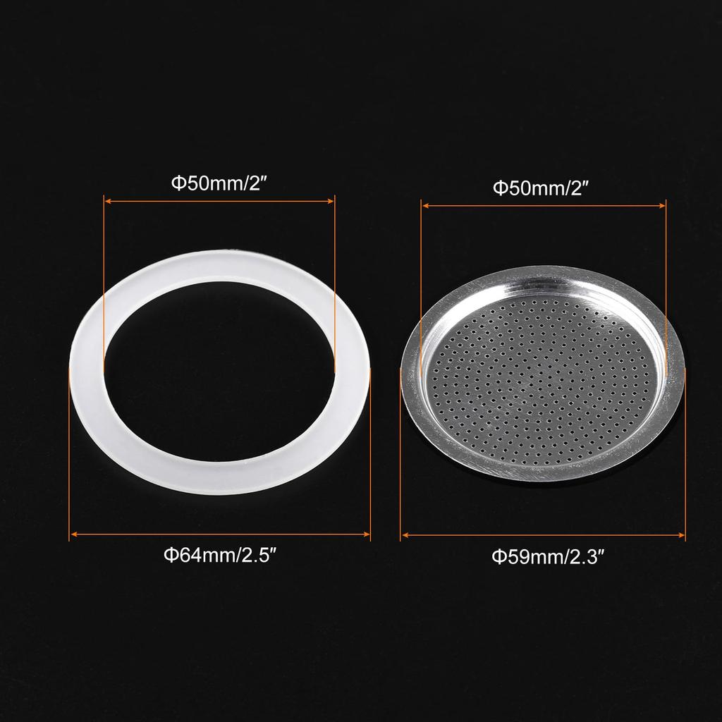 Uxcell Silicone Gasket for 3-Cup Moka Coffee Pot, 50x64mm (1 Piece) and Stainless Steel Filter Screens, 59x60mm (3 Pieces)