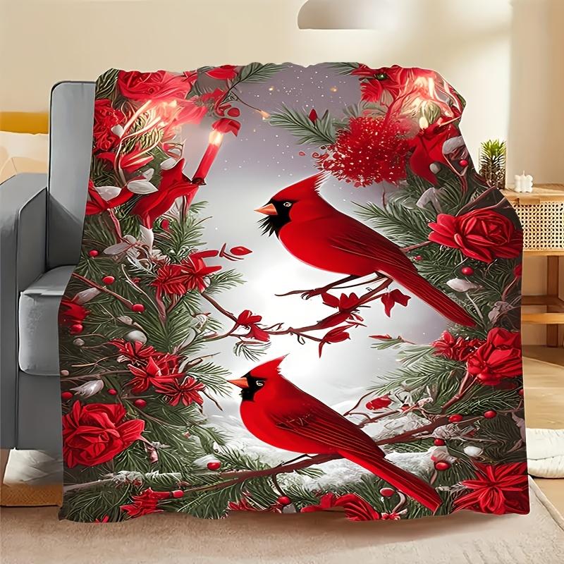1pc Cozy Winter Christmas Red Bird on Branch Themed Pattern Printed Flannel Blanket, Soft And Warm, Perfect Gift for Holiday Mem