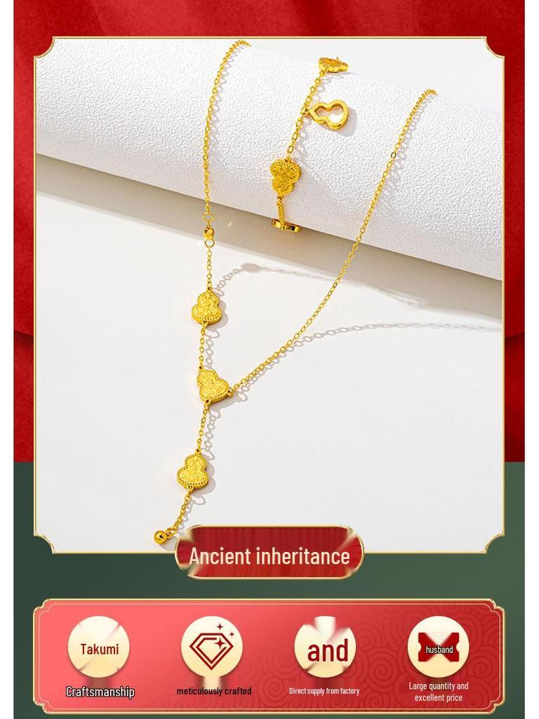 Vietnamese Sand Gold Bracelet & Crushed Ice Gourd Tassel Necklace Set - Ethnic Style Women's High-End Imitation Gold Jewelry