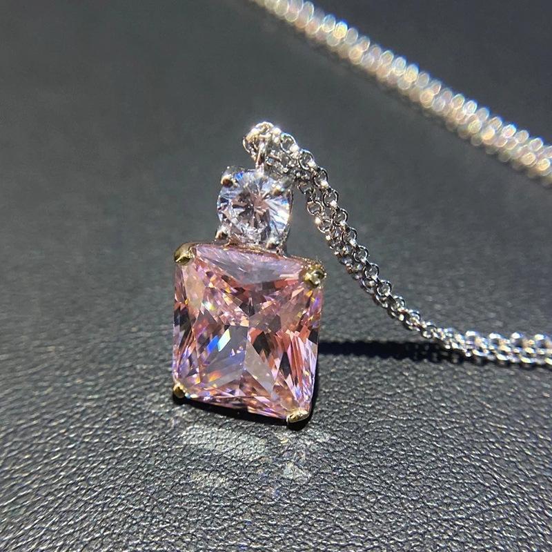 Square Shaped Pink Crystal Cubic Zirconia Necklace for Trend Party Two Tone Plated Pendant Necklaces for Women
