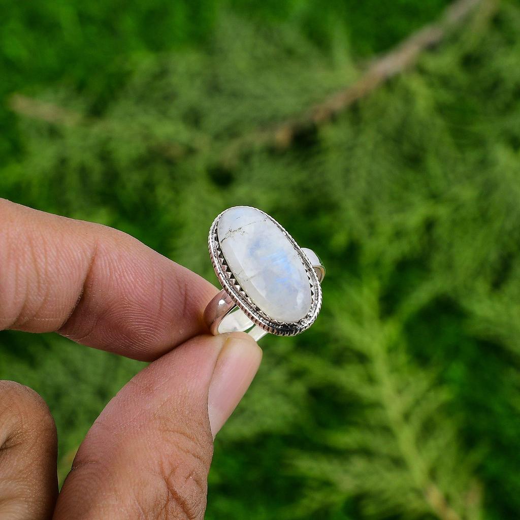 Mothers day Sale 925 Silver Oval Natural Rainbow Moonstone Art Deco Bezel Ring