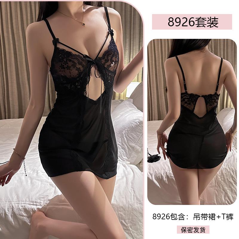 Original Erotic Underwear Sexy halter nightgown Hot Lace Seductive Mesh See-through Pajama Uniform 8926