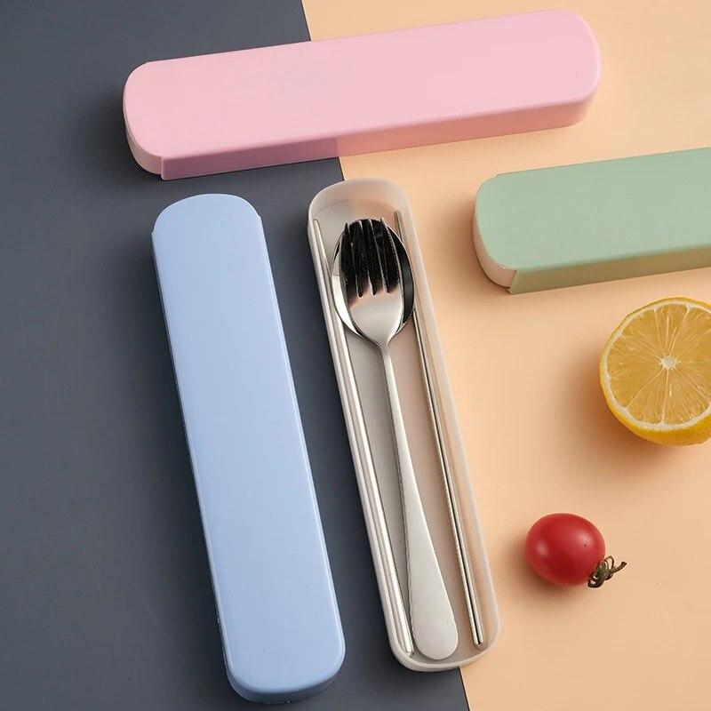 1 set de uz casnic din oțel inoxidabil portabil, bețișoare, linguri, furculițe, set de două/trei piese cu cutie