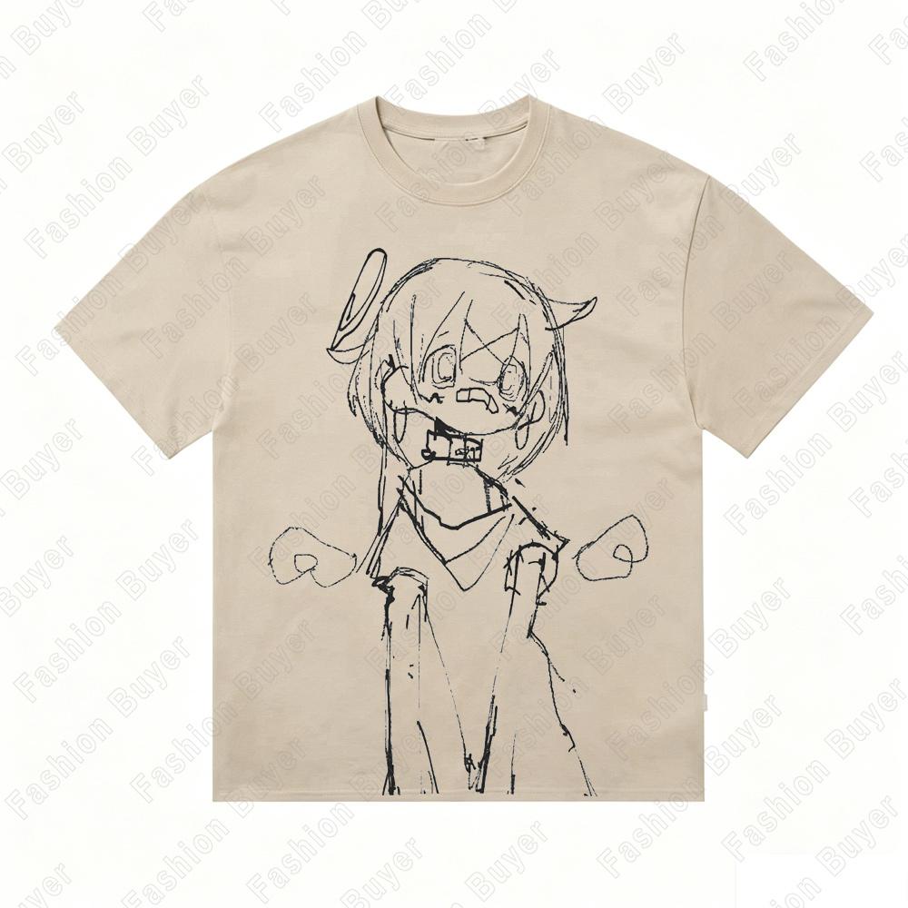 Cute Cartoon Girl with Simple Lines Print TShirt Harajuku Crew Neck ShortSleeve YK Style Unisex  Street Casual Tops Cloths