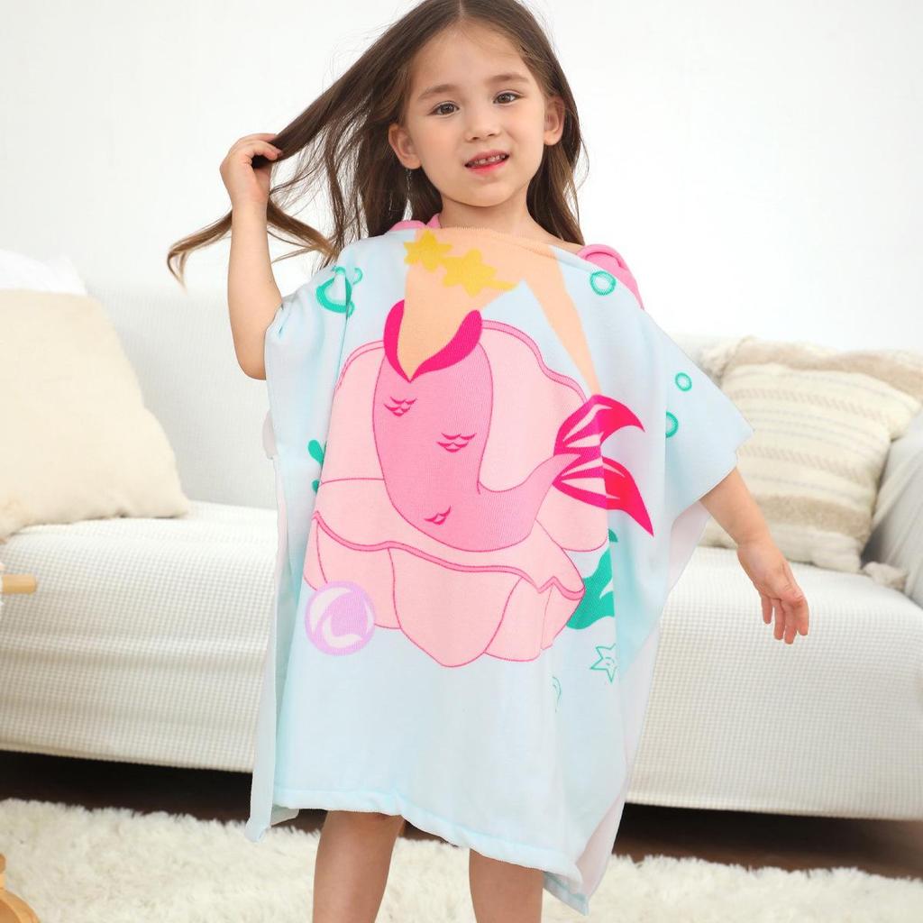 Ultra-Fine Fiber Cartoon Print Kids' Hooded Bath Towel Poncho