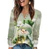 Women's Fashion V-Neck Button-Up T-Shirt With Christmas Print Long-Sleeved Top