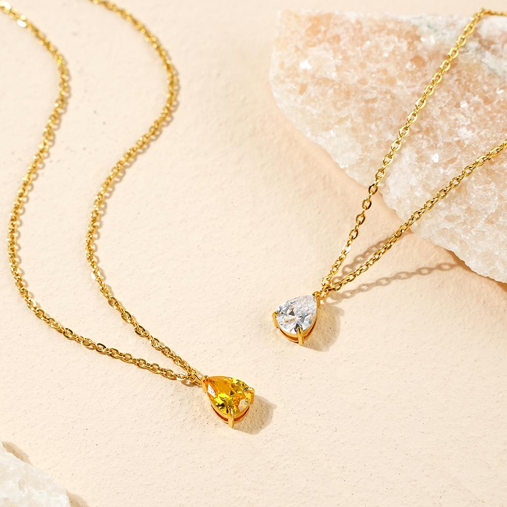 Dainty Birth Stone Jewelry Gift 18k Gold Plated Stainless Steel Zircon Water Drop Teardrop Pendant Birthstone Necklace for Women