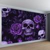 2D Black Gothic Skull & Roses Backdrop, Purple Floral Skeleton Tapestry for Home