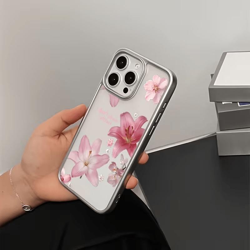 iPhone 17 Pink Case, Soft with Silver Frame, 15 Floral Design, Fits 16 Pro Max and 14 Pro.