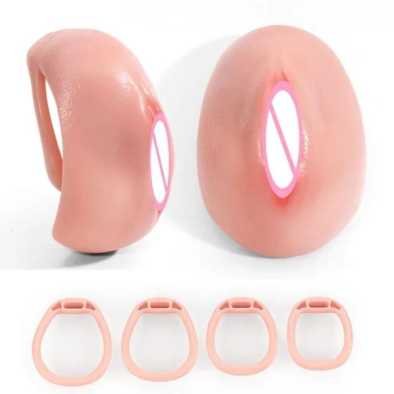 Realistic Vagina Texture Chastity Cage – 4 Sizes Penis Rings for Men | Curve Cock Lock Bondage Toy for Sissy & Gay Fetish Play