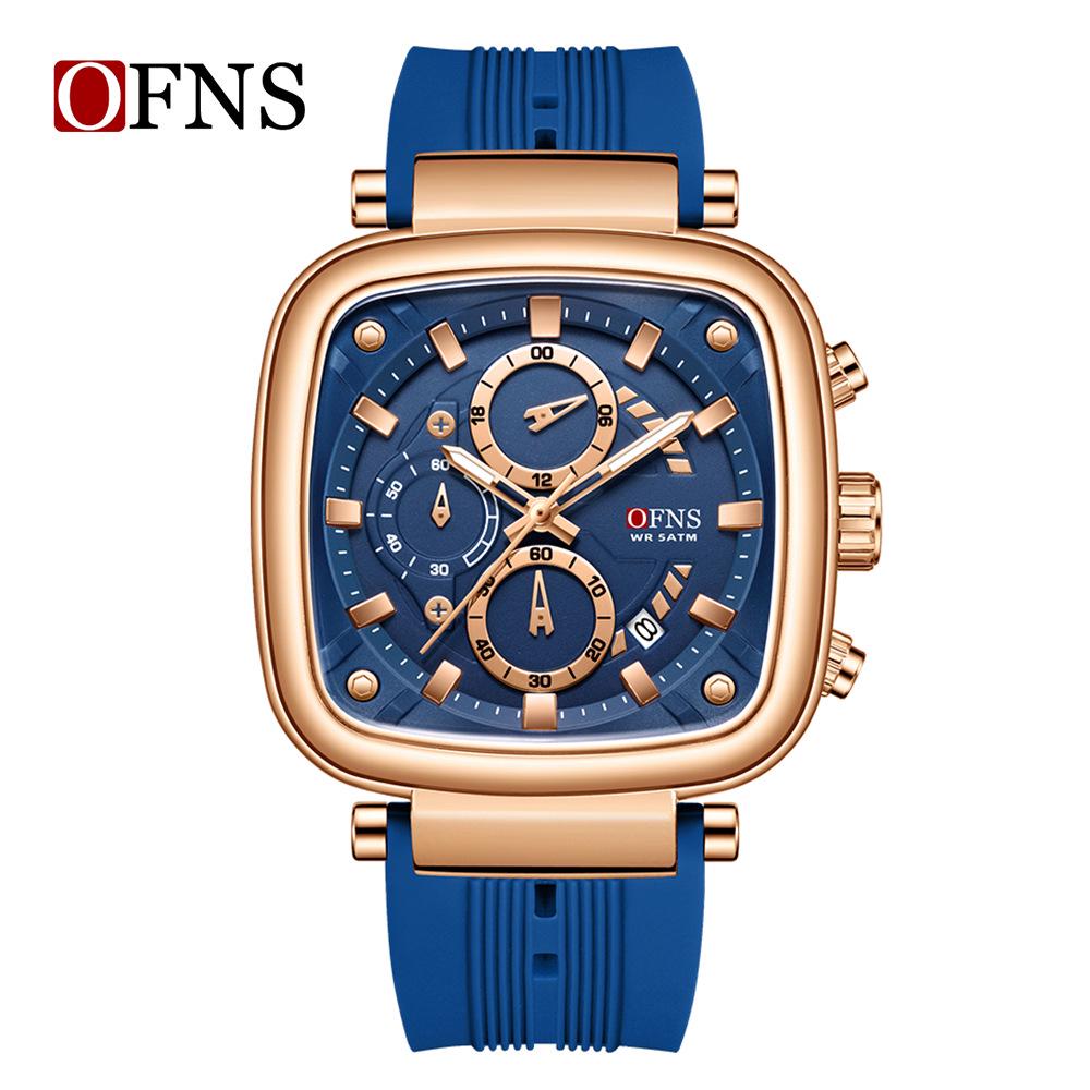 OFNS Men's Square Quartz Chronograph Watch: Luminous, Waterproof, Six-Hand Design, with Calendar for Casual or Commuter Wear.