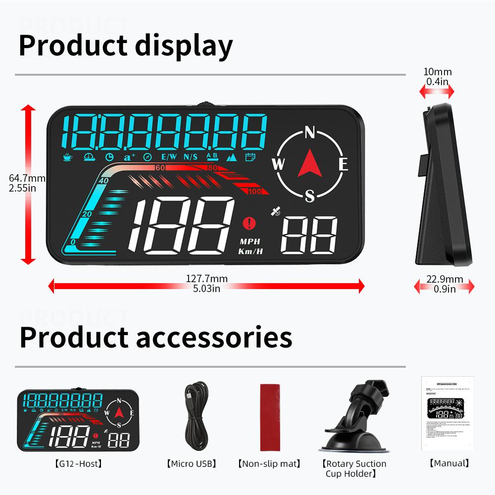 

G12 Автомобильный HUD-дисплей USB Автомобильная сигнализация Бортовой компьютер Спидометр Проекционный дисплей Лобовое стекло Автомобильные электронные аксессуары для автомобиля 12V