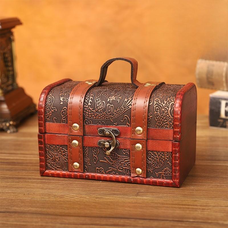 Retro Dragon Pattern Wooden Storage Box With Metal Lock For Storage Desktop