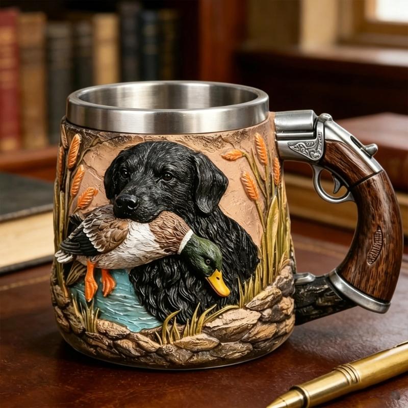 Large Capacity Resin Mug Hunting Scene Drinking Cup with Handle Great For Coffee And Hot Chocolate