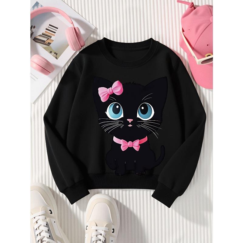 Kids Sweatshirt,Crew Neck Fashion Top, Fun"Cute Black Cat with Pink Bow " Patterned Sweatshirt,for Everyday Casual Wear,for All Kinds of Daily Outfits