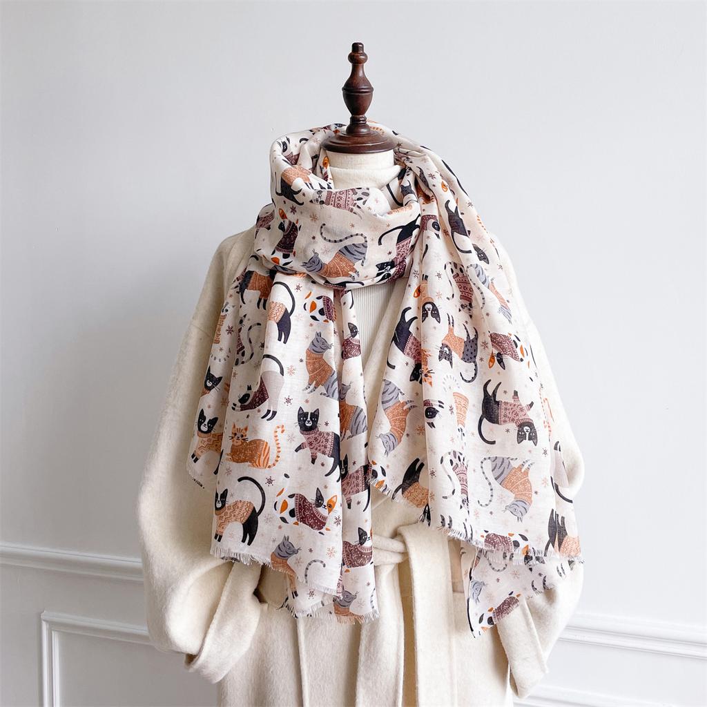 Autumn and Winter Travel Warm Cashmere Shawl Scarf Fashion Women Cat Print Pashmina Blanket Wraps Female Cute Poncho Bufand