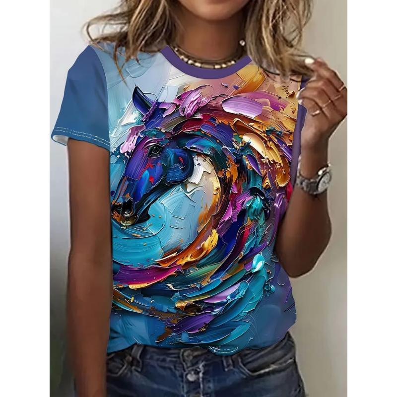 Fashion Women's Clothing High-end Round Neck Cool 3D Print Simple T-Shirts