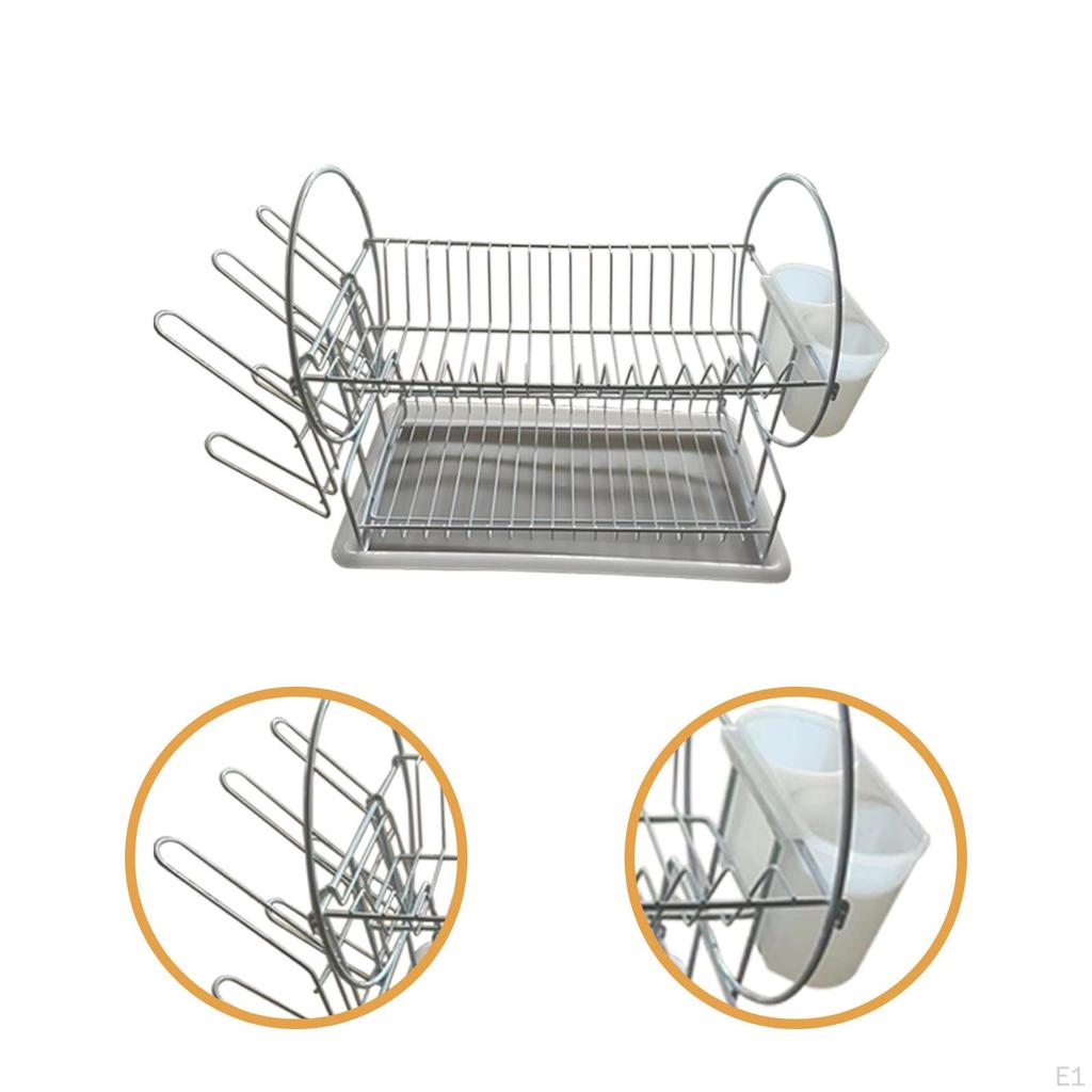 Dish Drying Rack with Cup Holders Space Saving Carbon Steel, Cutlery Holder Drainer for