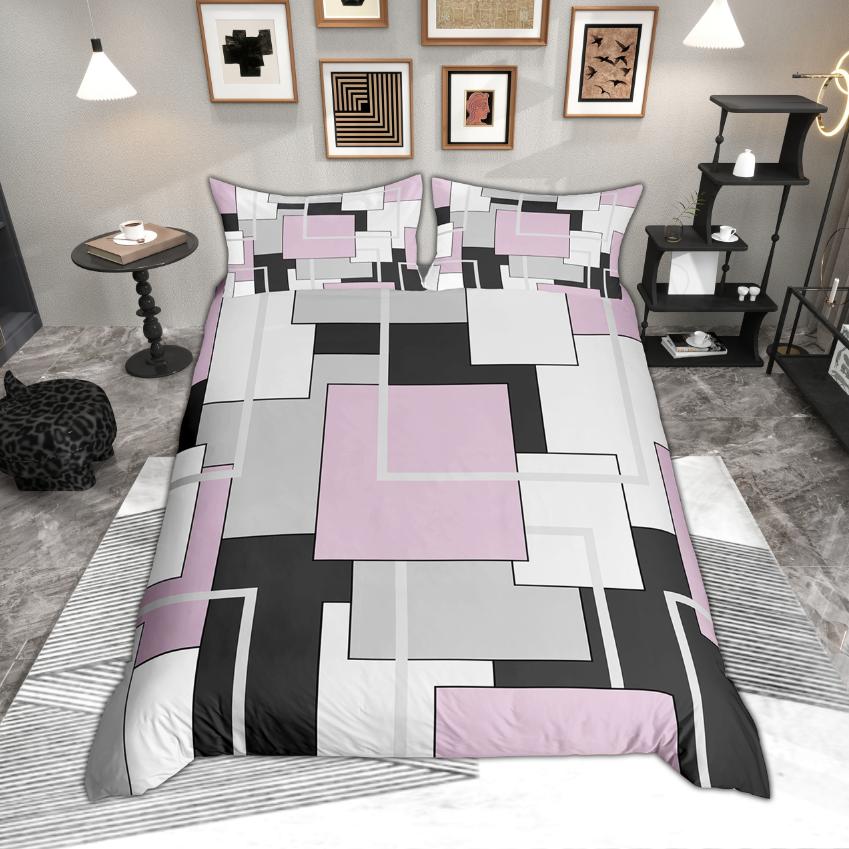 Homewish Modern Geometric Duvet Cover Set, Aesthetic Square Plaid Bedding, Abstract Minimalist Quilt Cover Set