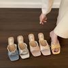 French Elegant Lace Edge One-word Drag Woman 2025 New Korean Version Square Head Bow Outside Wearing Thick Heel Cool Slippers