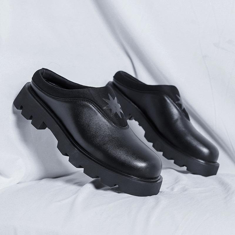 

Baotou half slippers men s leather shoes lazy leather cool slippers sandals heel-free thick-soled leather shoes 38 чёрный