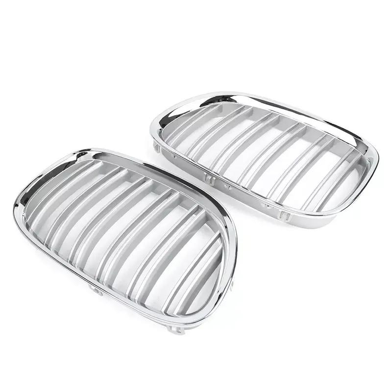 1 Pair Double Line Gloss Silver Car Front Bumper Sport Grilles Kidney Racing Grill Fit For BMW 7 Series F01 F02 2009-2015