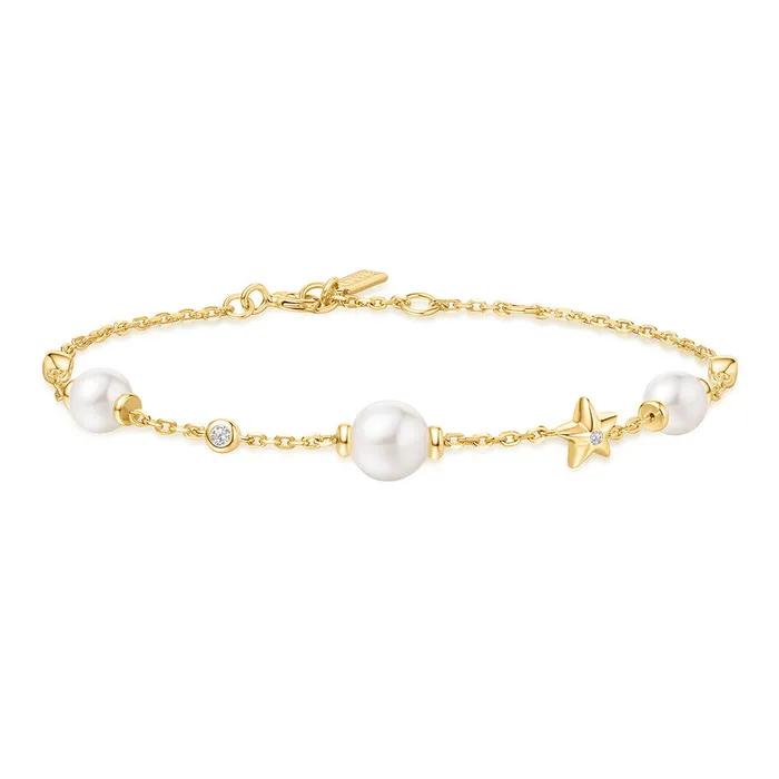 Gold Pearl and Star Station 925 Silver Bracelet B065-05G.
