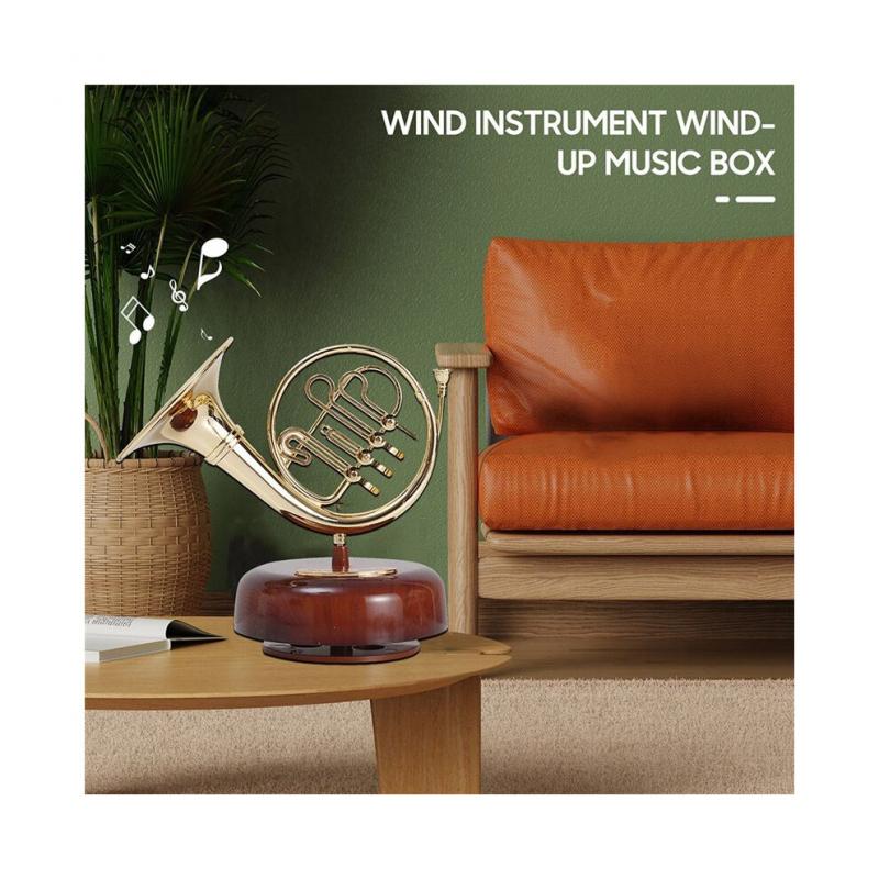 French Horn Music Box Klassische Aufzieh-Twirling Music Box Rotierende Basis Messing-Blasinstrument Miniatur-Artware-Geschenk