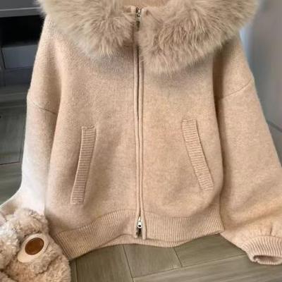 Duży Cllar Sweter Kardigan Kurtka Damska Jesień Zima Luźny Krój Modelujący Sweter Dzianinowy