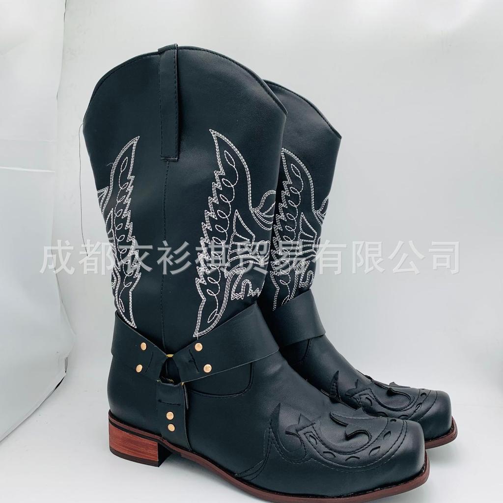 New Men'S Head European And American Embroidery Men'S Leather Boots Knight Boots Warm Low Heels Men'S Shoes Large Size