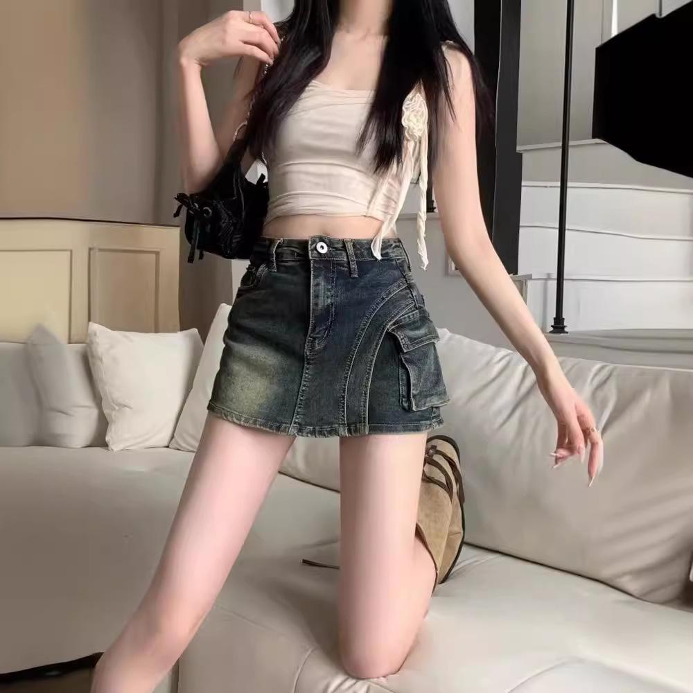 2024 Summer American Retro High-Waist A-Line Denim Skirt with Pockets