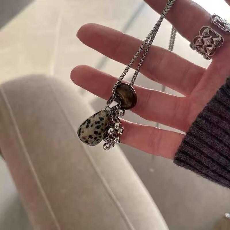 Spotted Tiger Eye Stone Mushroom Brown Heart Star Cross Flower Pendant Long Clavicle Chain Necklace Women Exquisite Accessories