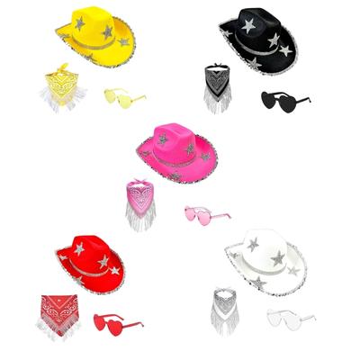 Sparkling Star Cowboy Hats Scarf Sunglasses Set Rhinestones Tasseled for Bachelorette Party Bride Hat for Actor Actress