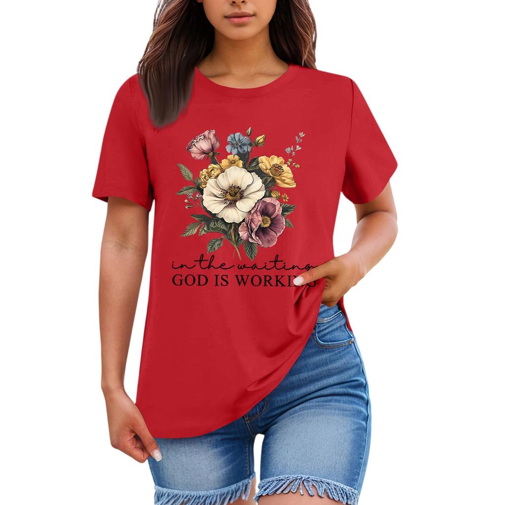 Ladies' Loose Comfortable Casual Fashionable Plant Flower Printed Round Neck Short Sleeved Shirt